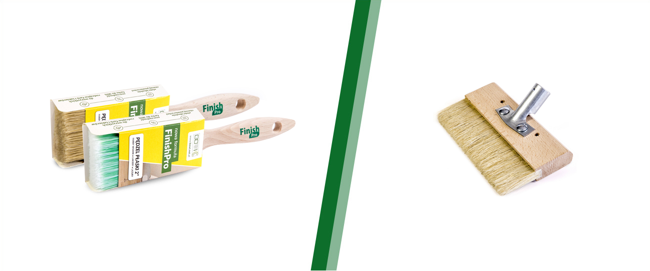 Zdjęcie dwóch pędzli Finish Pro z drewnianymi rączkami i pędzel do tapetowania na białym tle.